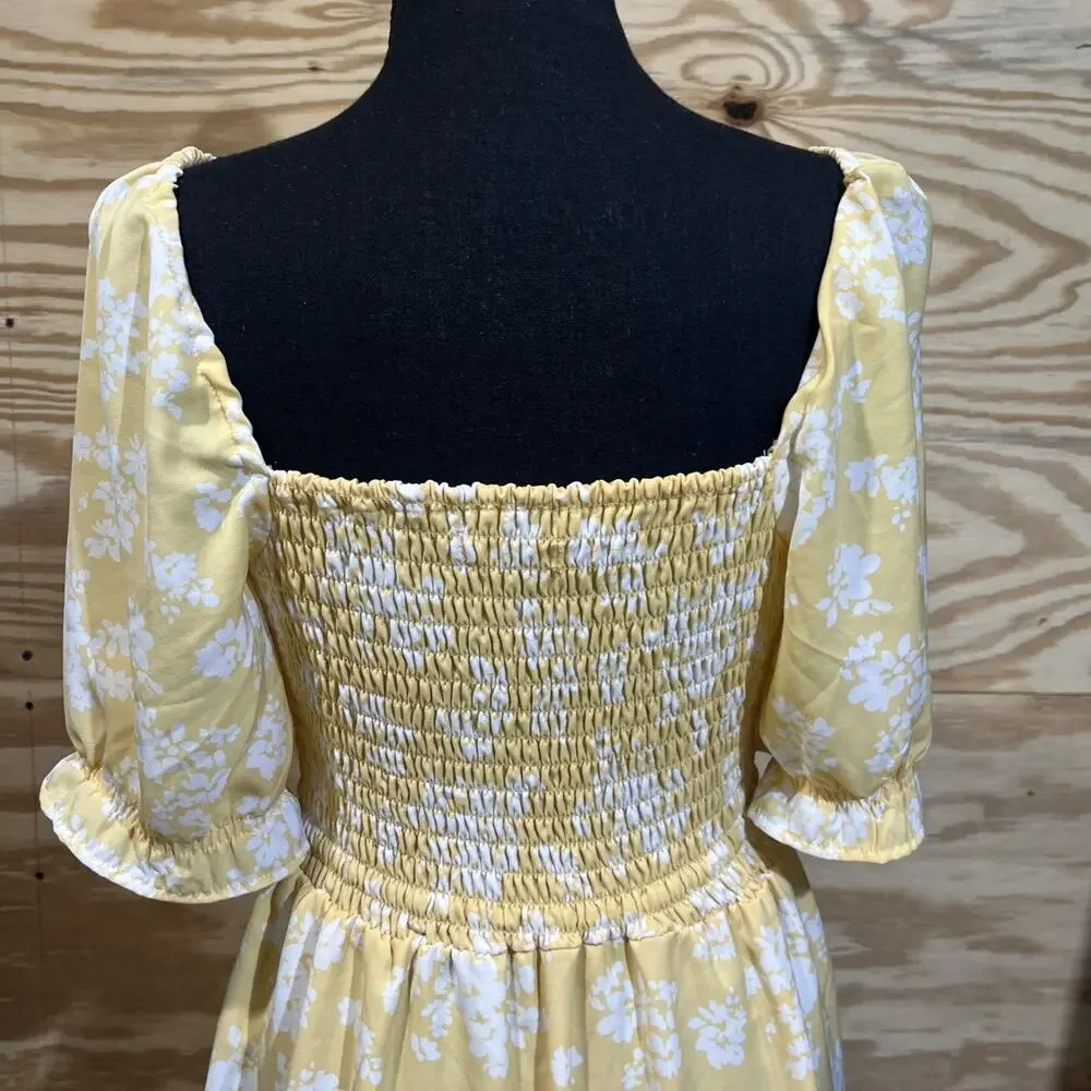 Abercrombie & Fitch Babydoll Dress Smocked Yellow Floral Size M Y2K Cottagecore - Picture 5 of 16